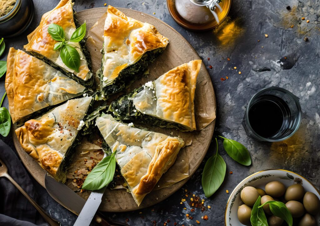 Spanakopita de espinacas con bacon y piñones